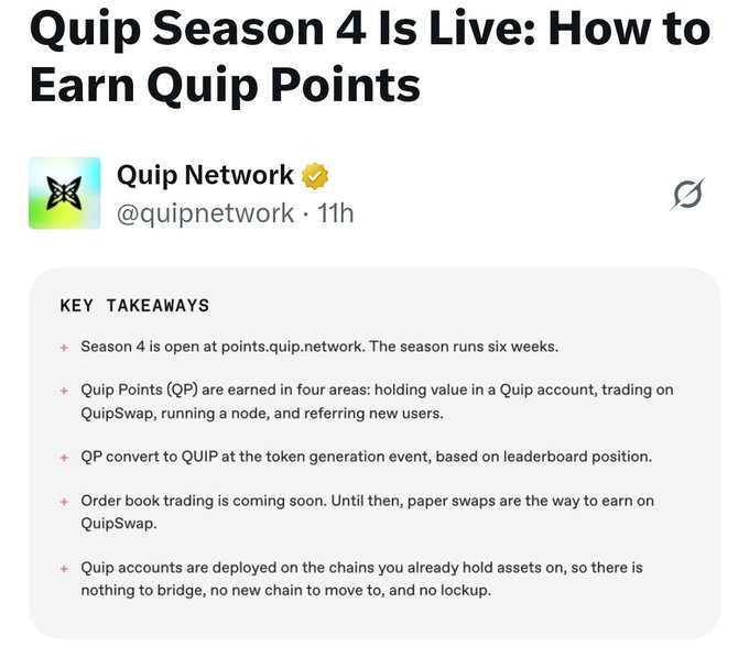A social media post from Quip Network (@quipnetwork) titled 'Quip Season 4 Is Live: How to Earn Quip Points', listing key takeaways about the six-week season running at points.quip.network.