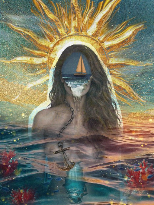 A surreal artwork depicting a woman emerging from the sea, her face obscured by an ocean scene with a sailboat, framed by a radiant sun, with an anchor hanging from her neck.