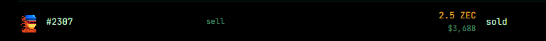A dark screen displaying a transaction: item #2387 sold for 2.5 ZEC ($3,688).