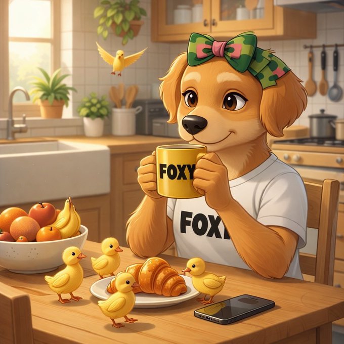 A cartoon illustration of an anthropomorphic golden dog wearing a camouflage bow and a white t-shirt reading 'FOX', holding a yellow mug labeled 'FOXY' in a kitchen, surrounded by chicks, croissants, and a bowl of fruit.
