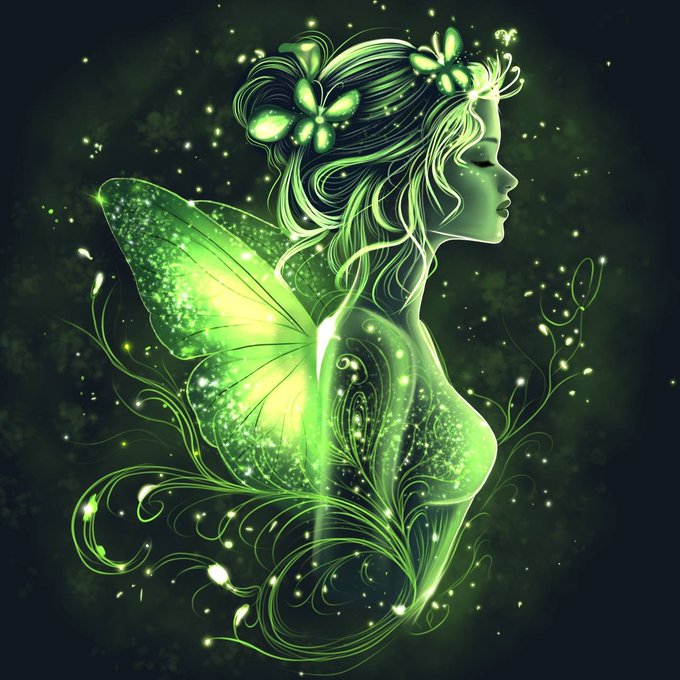 Digital fantasy artwork of a green glowing fairy in profile, with butterfly wings, flowers in her hair, and a magical sparkly background.