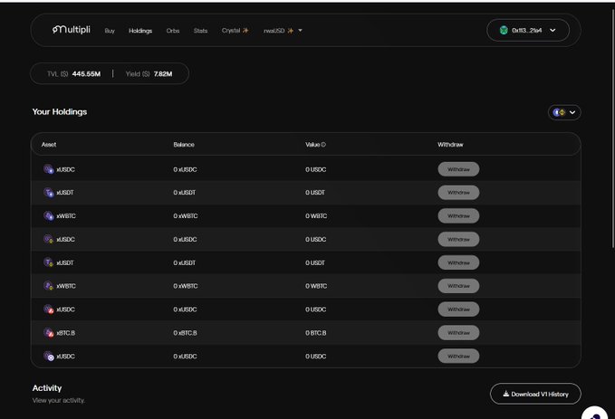 Screenshot of the Multipi crypto platform showing a 'Your Holdings' portfolio with zero balances for assets like xSBC, xSBT, xWBTC, and xBTC.B, and a Total Value (TVL) of 446.55M.