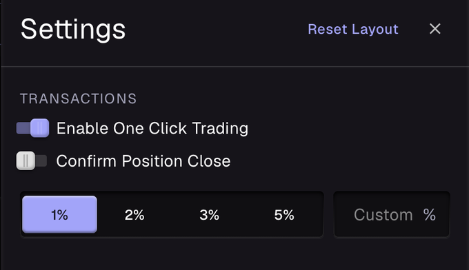 A settings menu with toggles for 'Enable One Click Trading' (on) and 'Confirm Position Close' (off), alongside percentage options 1%, 2%, 3%, 5%, and a Custom % field.