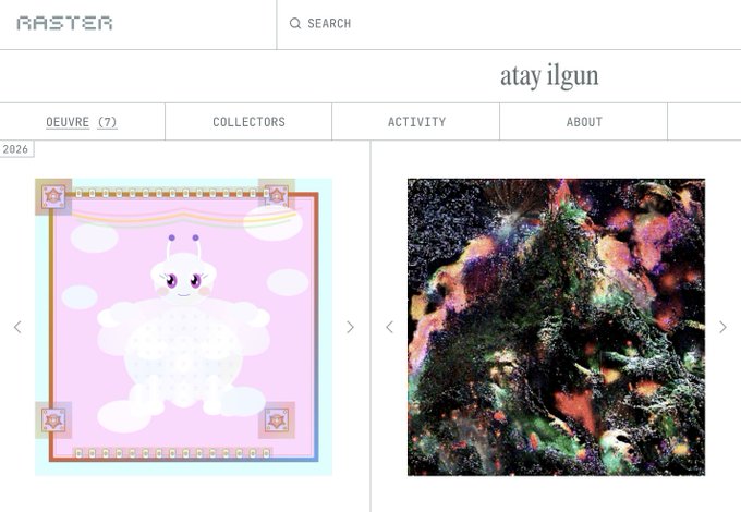 A screenshot of the RASTER art platform showing the profile of artist 'atay ilgun' with two works displayed: a pink cartoon character illustration and a colorful abstract digital artwork.