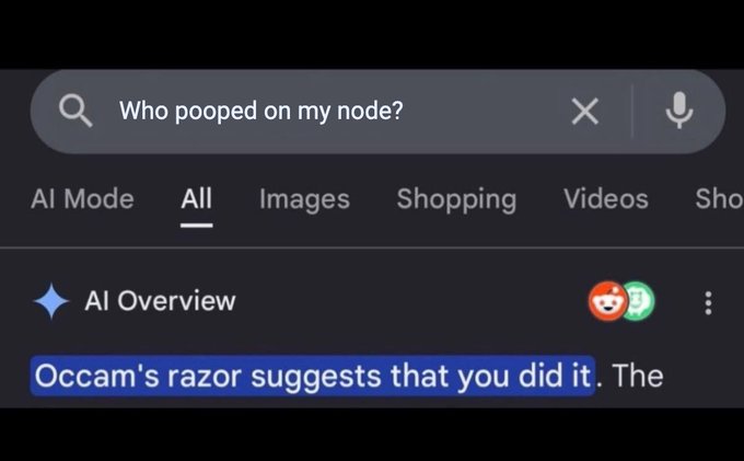 A Google search asking "Who pooped on my node?" returns an AI Overview stating "Occam's razor suggests that you did it," exemplifying the humorous and often nonsensical "many such cases" of AI Overviews confidently giving wrong answers.