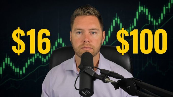 A man with a serious expression sits in front of a microphone with stock chart background, flanked by large yellow text reading '$16' and '$100'.