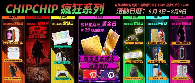 A promotional banner for "CHIPCHIP 疯狂系列" (Crazy Series) running August 3-9, highlighting Wednesday's August 5th "黄金日" (Gold Day) event with a golden trophy and gold-themed poker set, alongside a week's lineup of daily giveaways including Apple Watch S11, Apple AirPods 4, PlayStation 5, RTX 3060 graphics card, and other tech prizes. The image visually corresponds to the post's announcement of Episode 19 of the online Squid Game featuring a championship trophy, gold playing cards, and hourly drawings of 10 USDT.