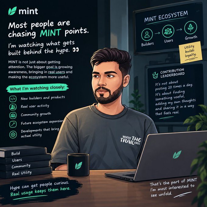 An illustrated infographic for 'mint' shows a bearded man at a desk with a laptop, discussing the MINT ecosystem with sections on 'Builders,' 'Users,' 'Growth,' and 'Utility builds loyalty.'