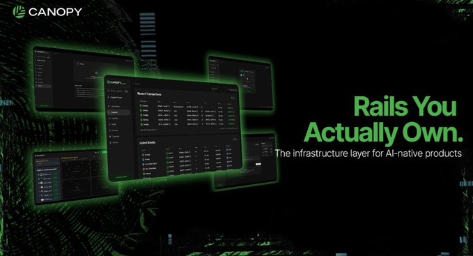 A promotional banner for "CANOPY" showcasing software dashboard mockups with the tagline "Rails You Actually Own. The infrastructure layer for AI-native products".