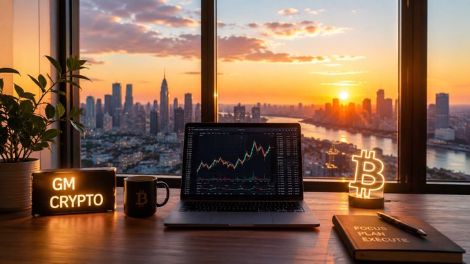 A workspace scene featuring a laptop displaying crypto trading charts, a 'GM CRYPTO' neon sign, a Bitcoin mug, and a Bitcoin neon light, set against a sunset cityscape view through a window.