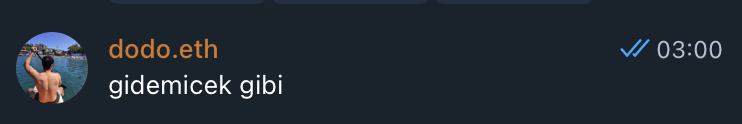 A dark chat message bubble from 'dodo.eth' reading 'gidemicek gibi' (Turkish for 'like it's not going to happen'), sent at 03:00.