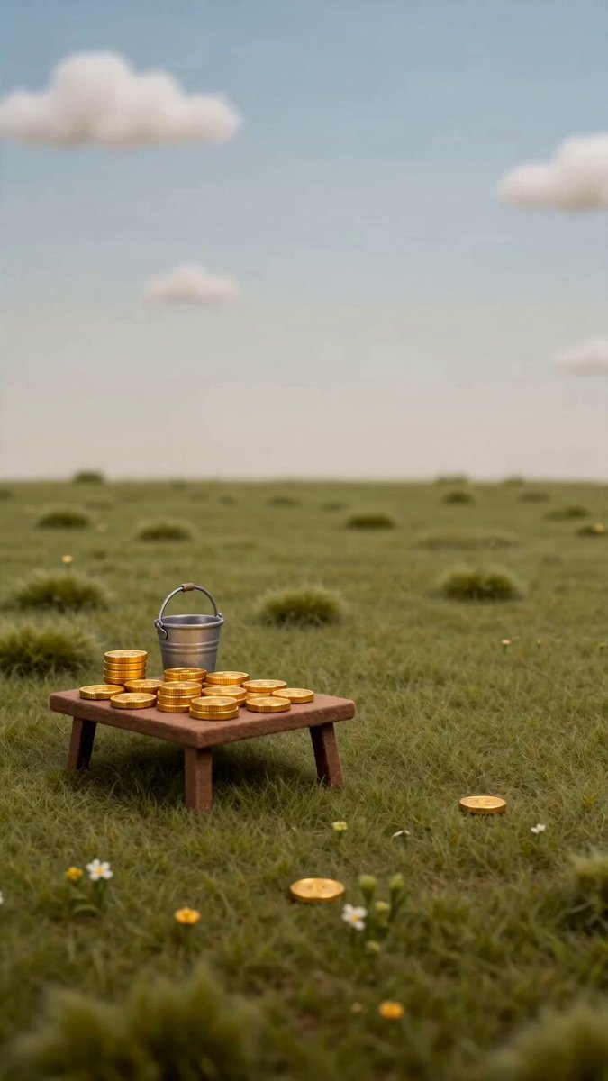 The image features a wooden table with a bucket of gold coins sitting on top, surrounded by grass and flowers. In the background, there are clouds visible against a blue sky. The caption reads "bitcoin magnet", which could be interpreted as an advertisement or promotion for Bitcoin or cryptocurrency-related products.