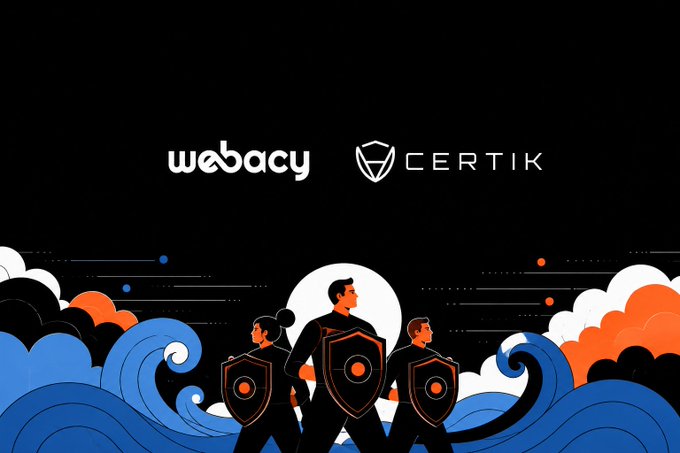 The image displays the Webacy and CertiK logos above an illustration of three figures holding shields, standing in stylized waves and clouds, symbolizing defense and security. This visual reinforces the post's message about the partnership upgrading Webacy's bug bounty program to better filter out AI-generated noise and surface genuine security findings.