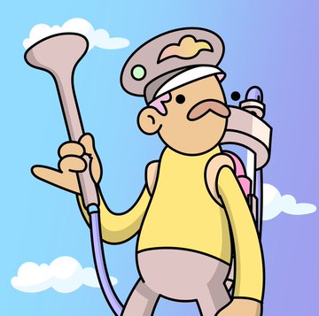 A cartoon illustration of a man with a mustache wearing a pilot's cap and backpack, holding a large suction-cup-like tool against a blue sky background.