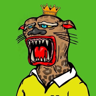 A digital illustration of an anthropomorphic leopard wearing a yellow collared shirt and a small golden crown, shown with a wide-open mouth showing sharp teeth against a bright green background.