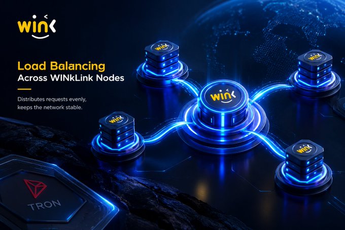 A digital promotional graphic for WinLink showing a network of glowing blue nodes connected around a central hub, with text reading 'Load Balancing Across WinLink Nodes' and a TRON logo in the bottom corner.