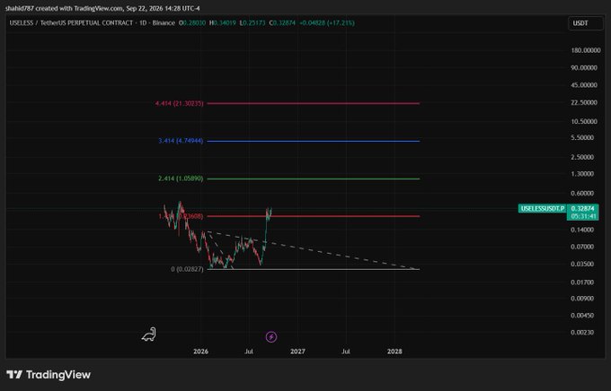 A TradingView chart for USELESSUSDT (USELESS / 1xShort PERPETUAL CONTRACT) on Binance showing a dramatic downtrend from $0.32834, with horizontal Fibonacci retracement levels marked in red, blue, and green.