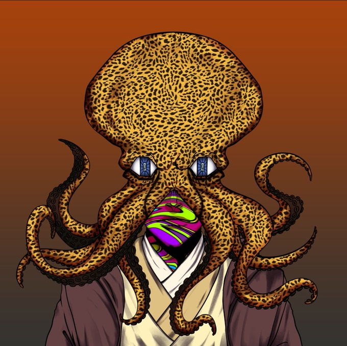 The image features a large, leopard print octopus with multiple tentacles, wearing a robe or costume that resembles an outfit from a movie or TV show. The octopus has a face painted on its head, giving it a unique appearance. The background of the image is orange and brown, which complements the overall theme of the artwork. There are no texts present in the image, but there is a caption at the bottom that reads "A new raffle is live! Trying out the @RaffleBeesALGO new site! Only 1m $native per entry for this beautiful BLOP!!! rafflebees.com/raffle/3610012".