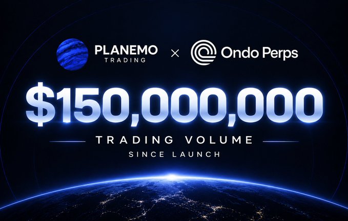 A promotional graphic showing 'PLANEMO TRADING x Ondo Perps' with the text '$150,000,000 TRADING VOLUME SINCE LAUNCH' over an image of Earth from space.