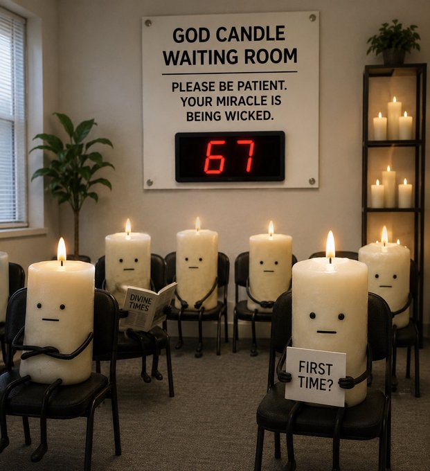 A humorous AI-generated image of a 'GOD CANDLE WAITING ROOM' where anthropomorphic candles with faces sit in chairs holding signs like 'FIRST TIME?' and 'DIVINE TIMES,' beneath a digital counter reading 67.