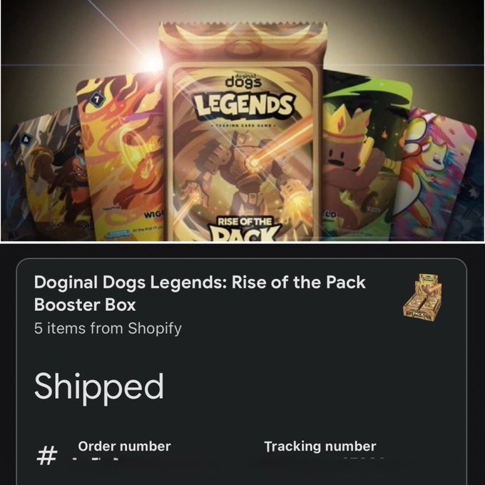 A screenshot showing a shipped order for 'Doginal Dogs Legends: Rise of the Pack Booster Box' (5 items from Shopify), displaying various colorful trading card booster packs featuring cartoon dog characters.