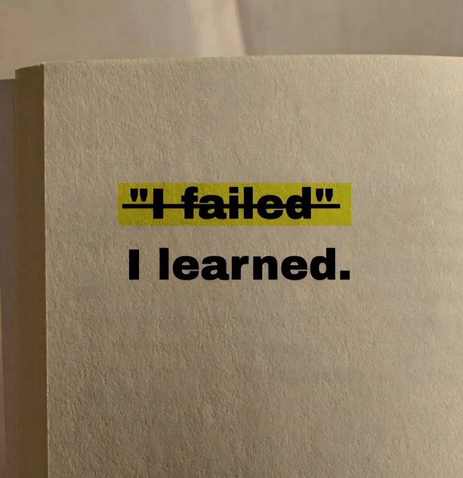 A textured white canvas displays the text "I failed" crossed out with a yellow highlight, followed by "I learned." below it.