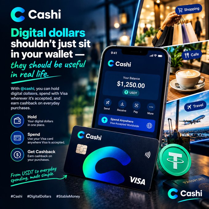 A promotional ad for Cashi featuring a smartphone displaying a $1,250.00 USDT balance alongside a black Cashi Visa card, with lifestyle images of shopping, café, and travel scenes illustrating the tagline "Digital dollars shouldn't just sit in your wallet — they should be useful in real life."