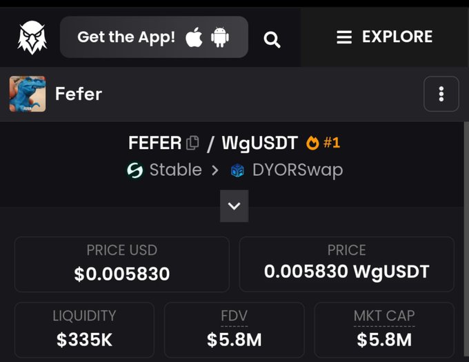 The image displays a cryptocurrency tracking page for the token FEFER on the WgUSDT pair via Stable DEX, showing metrics including a price of $0.005830, liquidity of $335K, and a market cap of $5.8M. This aligns with the post announcing that DEX scanner tracking has been added for $FEFER on the Stable platform.