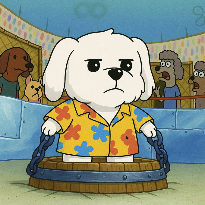 A grumpy white cartoon dog in a Hawaiian shirt stands chained to a wooden platform, surrounded by a crowd of onlookers in what appears to be a battle arena setting. The image evokes a "tough" or combative persona, fitting the post's tone of grudging personal respect for @IcoBeast despite likely acknowledging the brutal competitive nature of crypto or meme coin culture.