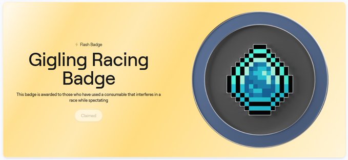 A 'Gigling Racing Badge' awarded for using a consumable that interferes in a race while spectating, marked as Claimed, featuring a blue pixel-art gem on a gold background.