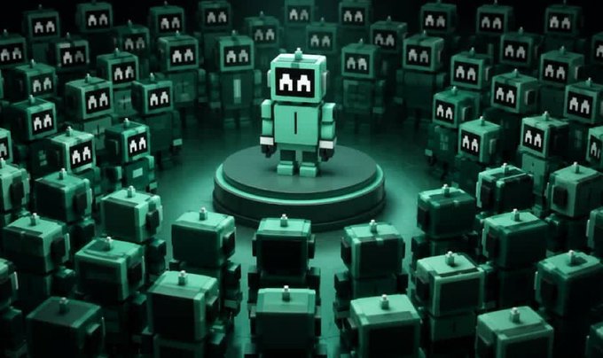 A central blocky robot character stands on a circular platform surrounded by rows of identical robots in a green-tinted 3D scene.