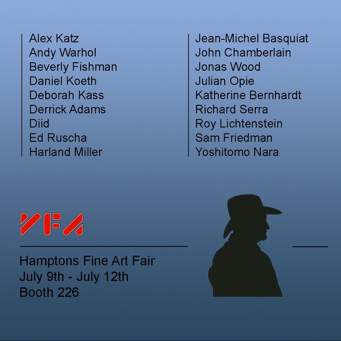 A promotional graphic for the Hamptons Fine Art Fair (July 9th–12th, Booth 226) showcases a lineup of artists including Alex Katz, Andy Warhol, Beverly Fishman, Daniel Koeth, Deborah Kass, Derrick Adams, Diid, Ed Ruscha, Harland Miller, Jean-Michel Basquiat, John Chamberlain, Jonas Wood, Julian Opie, Katherine Bernhardt, Richard Serra, Roy Lichtenstein, Sam Friedman, and Yoshitomo Nara, alongside a cowboy silhouette. It highlights new works by Diid and Daniel Koeth, connecting the artists' feature to the post's excitement about debuting these creations at the fair.