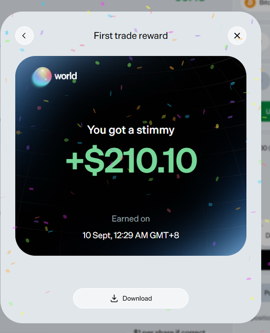 A celebratory "First trade reward" pop-up from World (world_xyz) shows the user earned a stimulus of **+$210.10** on 10 Sept at 12:29 AM GMT+8, with confetti effects and a download button. The image illustrates the first-trade reward the user is referencing in their tweet thanking World for the earnings.