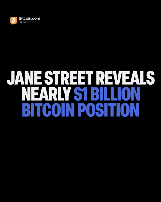 The image is a Bitcoin.com News graphic with a black background featuring bold white and blue text that reads "JANE STREET REVEALS NEARLY $1 BILLION BITCOIN POSITION," highlighting the firm's substantial disclosure of holding 15,394 BTC (worth approximately $990M) primarily through BlackRock's IBIT ETF, as mentioned in the accompanying post.