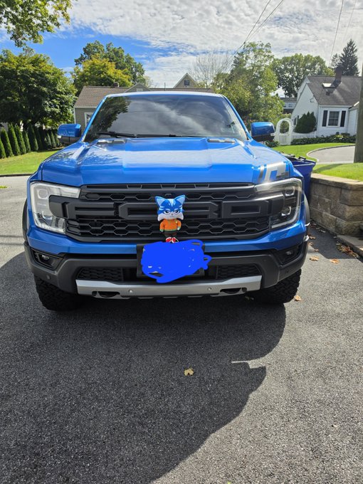 A blue Ford Ranger pickup truck parked in a driveway, with a Sonic the Hedgehog figure attached to the front grille and a blue license plate covered with a censor blob.