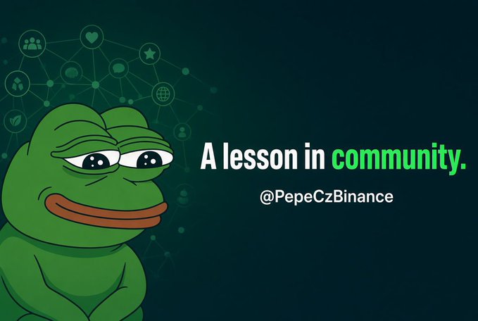 An animated Pepe the Frog meme image with the text 'A lesson in community.' and the handle '@PepeCzBinance' against a dark teal background with connection icons.
