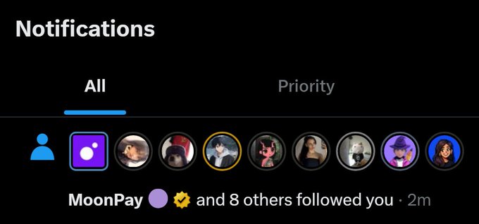 A notifications screen on what appears to be Twitter/X shows that MoonPay and 8 others followed the user 2 minutes ago, with the "All" tab selected. The image relates to the post by providing visual evidence of the MoonPay follow notification being referenced.