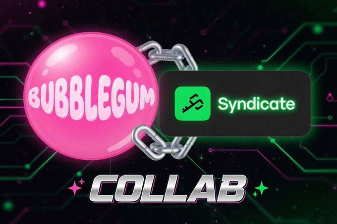 The image features a pink bubble gum with a green chain attached to it, accompanied by a green button that says " Syndicate" and has a white block of text below it that reads "Collab". The background of the image is black, which contrasts with the colorful elements in the foreground.