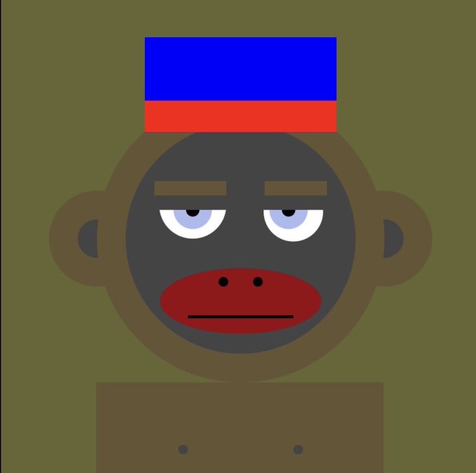 A cartoon illustration of a bored-looking brown monkey character with half-closed eyes wearing a tall blue and red striped hat against an olive green background.
