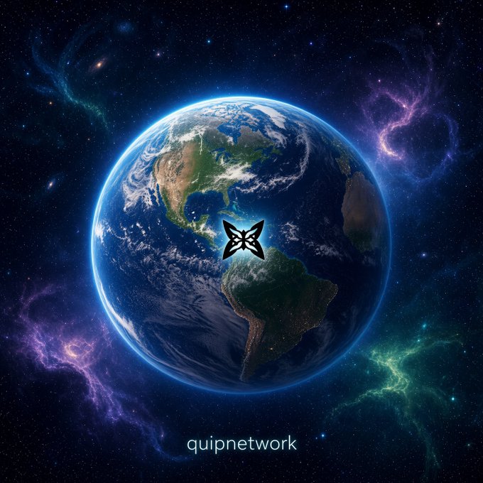 A cosmic artwork showing Earth from space with purple and teal nebulae, featuring a butterfly logo over Central America and the text 'quipnetwork' at the bottom.