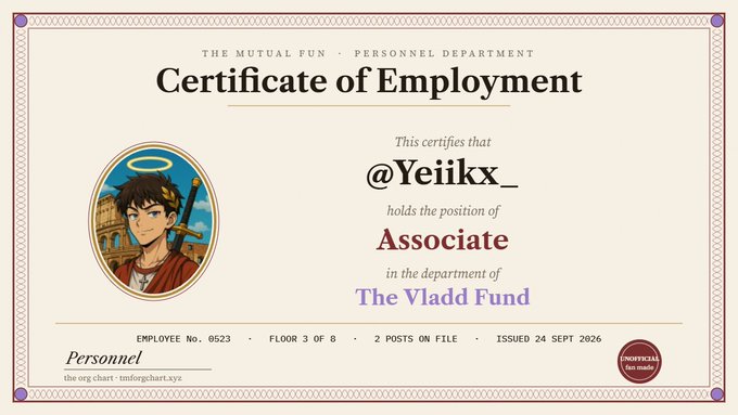 A whimsical "Certificate of Employment" from "The Mutual Fun" Personnel Department, styled like an old-fashioned document with decorative borders, certifies that "@YeiiKx_" holds the position of Associate in "The Vladd Fund" department. The certificate includes details such as Employee No. 0523, Floor 3 of 8, and an issue date of 24 Sept 2026, alongside an illustrated avatar of a brown-haired figure with a halo, sword, and laurel wreath.