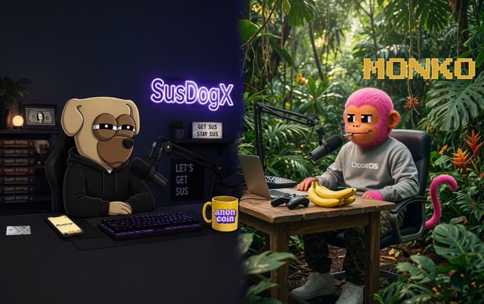 A digital illustration depicts two anthropomorphic characters—a pug in a hoodie at a streaming setup labeled "SusDogX" and a monkey in a "DogeOS" sweatshirt labeled "MONKO"—in a podcast-style scene.