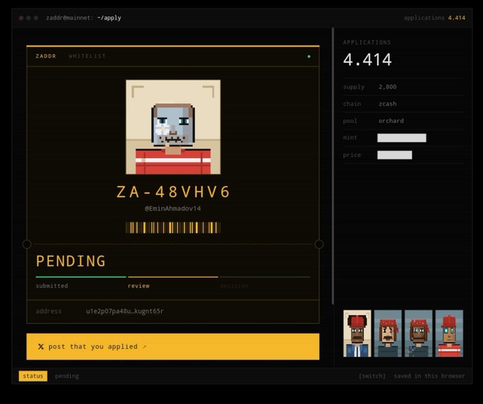 A dark-themed web interface for 'zaddr@mainnet' showing an application status with a pixel art character, the ID 'ZA-48VHVV6', a barcode, and pending status indicators, with 4,414 applications and pixel character thumbnails.