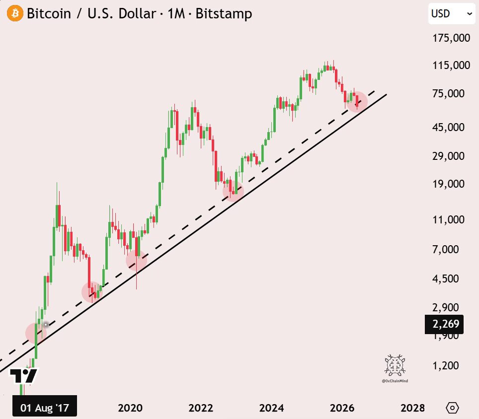 The image features a price chart of Bitcoin prices over multiple dates. The chart displays the decreasing trend of Bitcoin prices from 2016 through 2020, with the downward slope of the line indicating an ongoing downtrend. At some point during this period, there was a significant drop in Bitcoin value, causing it to bounce back up to certain heights before eventually continuing its decline. The current position of the price line indicates that we are currently experiencing a downward trend for Bitcoin prices.
