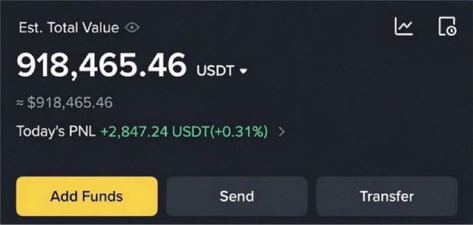 A trading dashboard showing an estimated total value of 918,465.46 USDT with a daily profit of +2,847.24 USDT (+0.31%), featuring "Add Funds," "Send," and "Transfer" buttons.

The image contrasts a six-figure crypto portfolio ($918K) with the post's message targeting people who consider $1,000 a large sum, implying the poster can help bridge that financial difference.