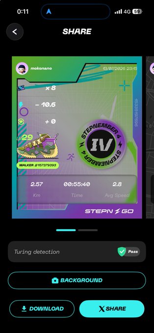 A mobile app share screen for the STEPN GO app showing a 'STEPNEMBER IV' achievement with stats: 2.57 Km, 00:55:40 Time, 2.8 Avg Speed, and a passing Turing detection.