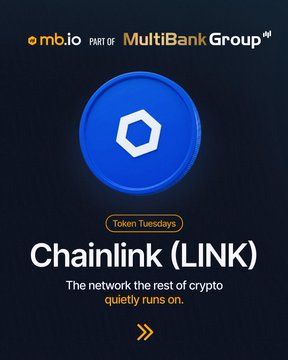 A promotional graphic for "Token Tuesdays" featuring the Chainlink (LINK) logo on a blue circular badge, branded with "mb.io | Part of MultiBank Group," with the tagline "The network the rest of crypto quietly runs on." The image ties to the post by introducing Chainlink as the week's featured token in a recurring educational series spotlighting one cryptocurrency at a time.
