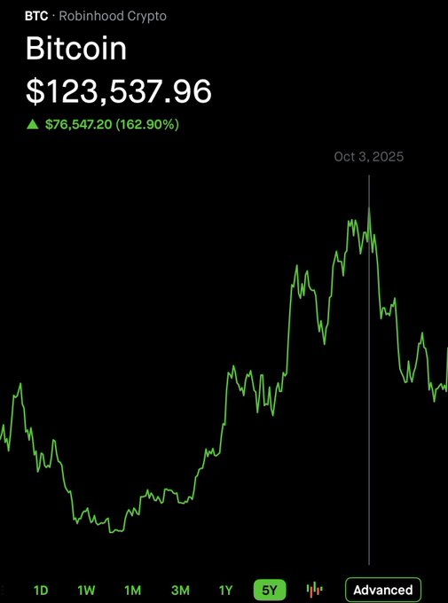 A Robinhood Crypto chart shows Bitcoin (BTC) priced at $123,537.96, up $76,547.20 (162.90%) over a 5-year period peaking around October 3, 2025—a visual punchline reinforcing the post's joke about people paying over $125,000 for a single digital coin.
