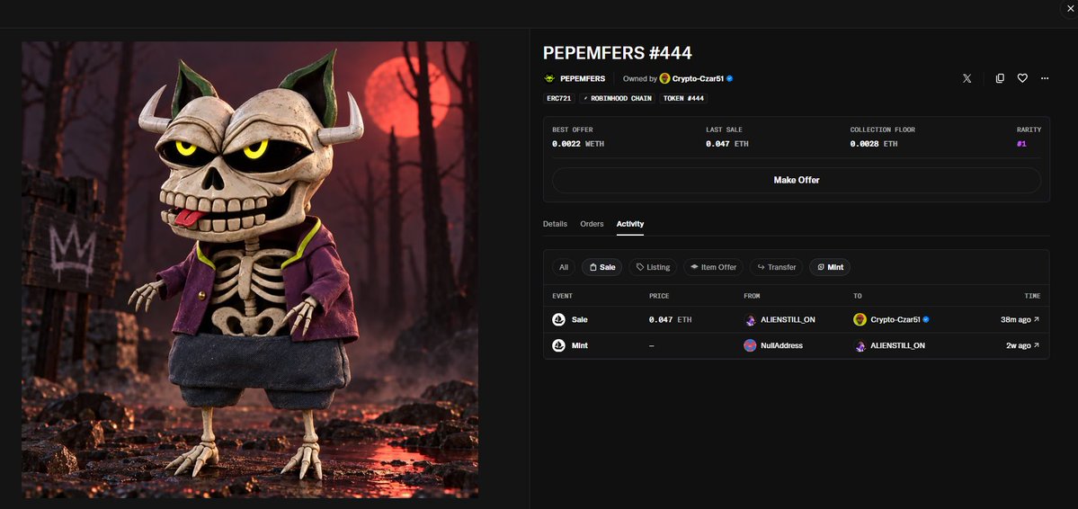 The image displays an NFT marketplace listing for "PEPEMFERS #444" on ERC721 Robitwood Chain, token 444, owned by Crypto-Czar51, showing a skeleton character with horns and a purple jacket against a blood moon backdrop, with a last sale price of 0.047 ETH and rarity #1, confirming the 1/1 status mentioned in the post.