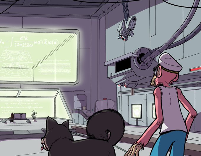 An animated cartoon scene depicting characters inside a futuristic laboratory or spaceship with mathematical physics equations on screens, including quantum field theory formulas, with a scientist and a cat observing the displays.